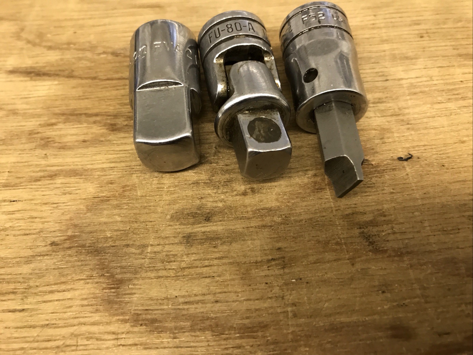 3 pieces Snap On USA 3/8-1/2 Adapter, 3/8 U-joint, And 3/8 Flat Bit