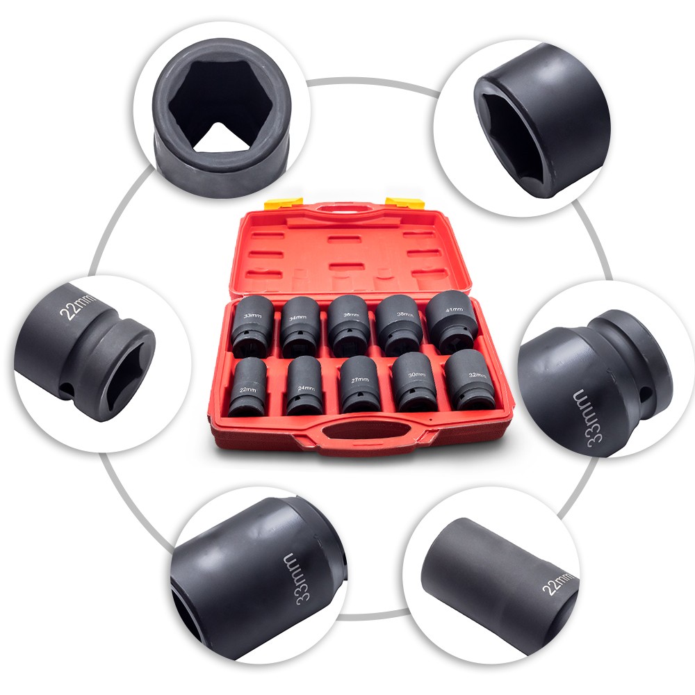 10PCS 3/4Inch Drive Deep Impact Socket Set Metric 22mm-41mm 6-Point Kit W/ Case