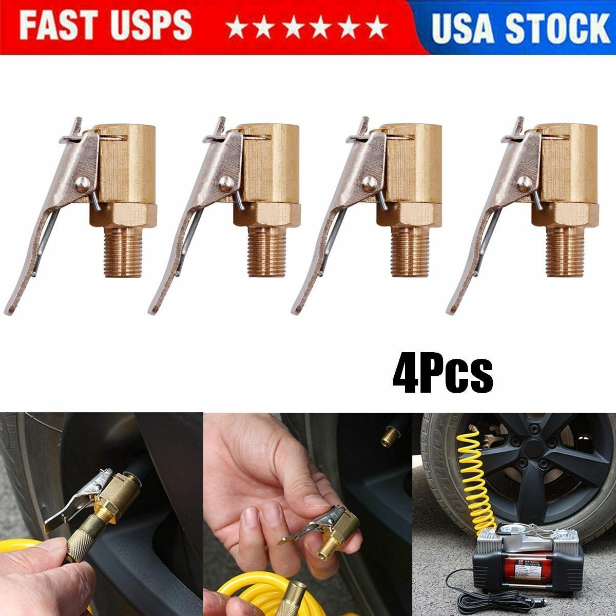 4PCS 8mm Car Tyre Wheel Tire Air Chuck Inflator Pump Valve Clip Connector Brass