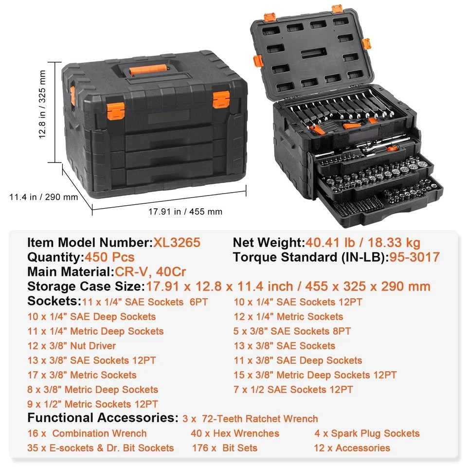 Mechanics Tool Set and Socket Set, 1/4″ 3/8″ 1/2″ Drive Deep and Standard Soc…