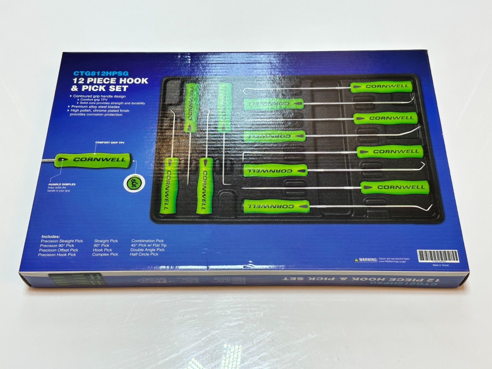 NEW Cornwell Tools CTG812HPSG 12pc Hook & Pick Set, NEON GREEN Soft Grip Handle