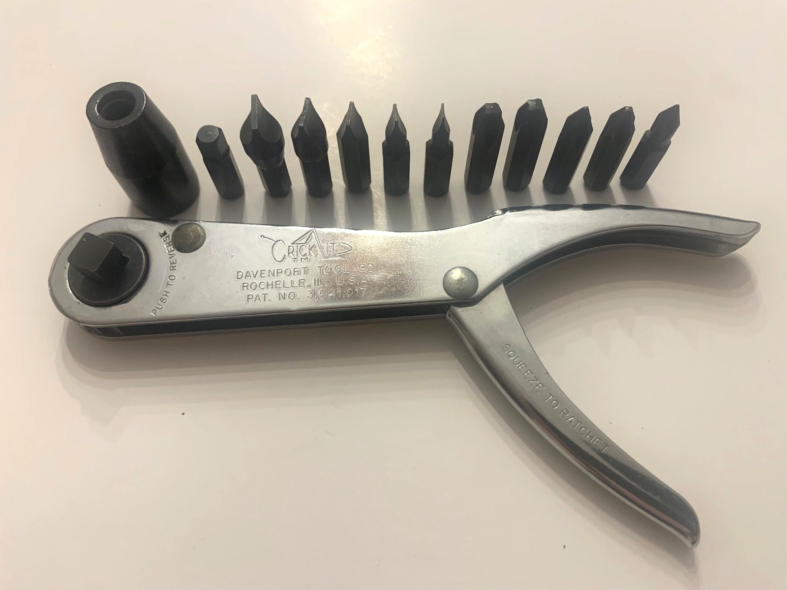 Crick It Squeeze Handle Ratchet with bits. Davenport Tool Co.