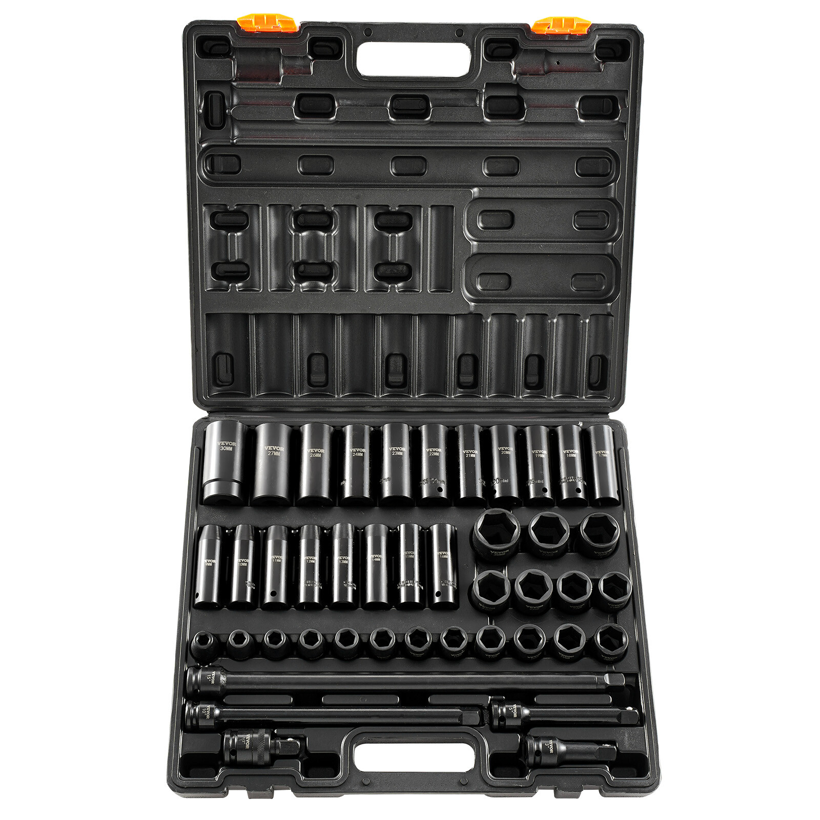 Impact Socket Set 1/2 Inch 43 Pcs Standard+Deep 9 to 30 MM 6-Point Extension Bar
