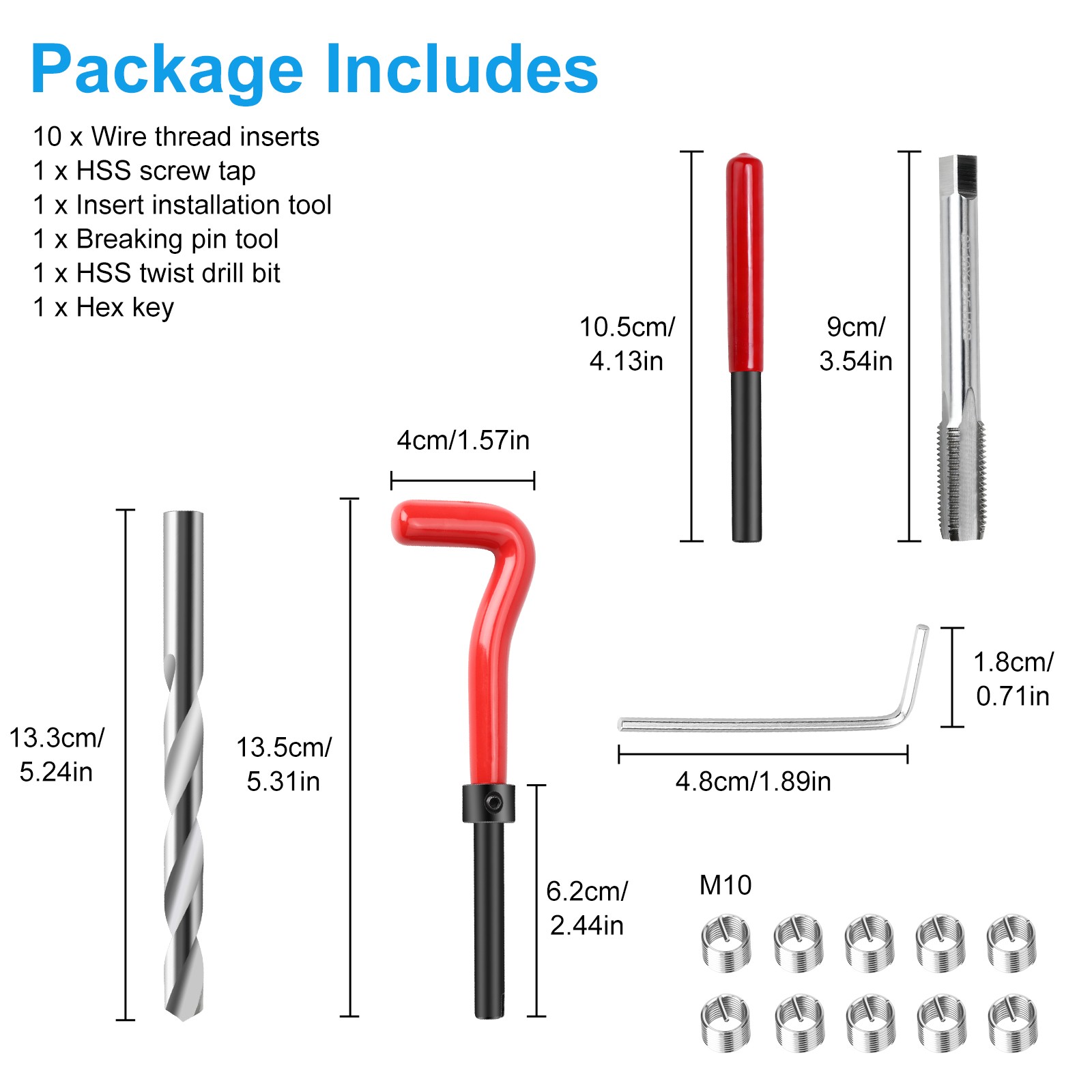 15PCS M10x1.25 Thread Repair Kit HSS Drill Tap Wire Insert Tool Car Fix Stripped