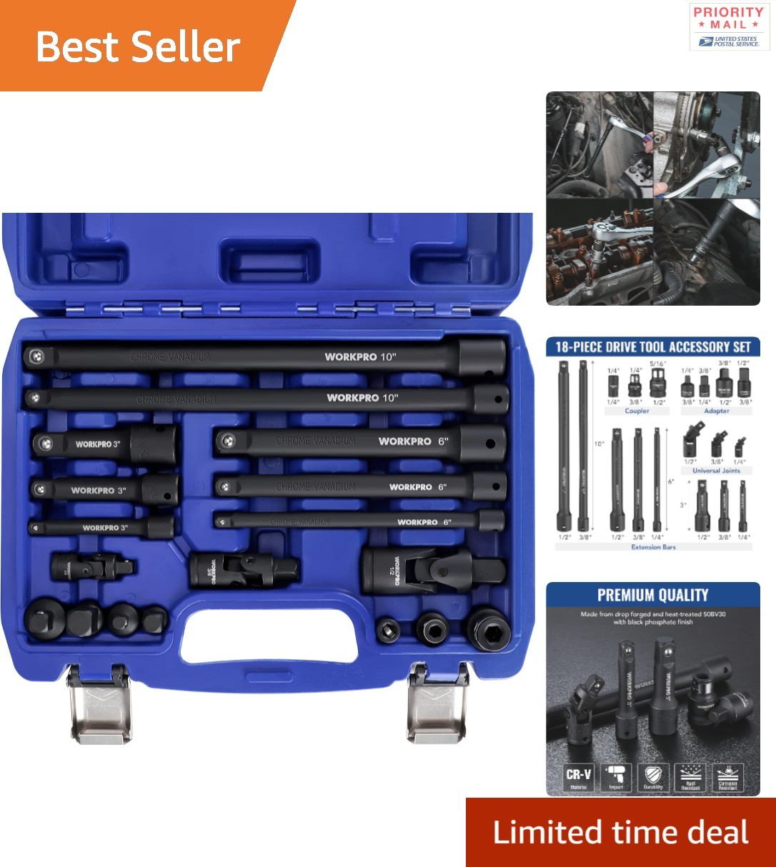 18-Piece Impact Socket Extension Set Chrome Vanadium Steel Durable Storage Case