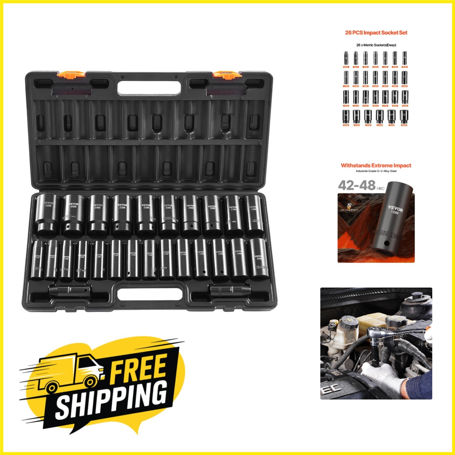 Versatile 26-Piece Impact Socket Set in Cr-V Alloy Steel – Perfect for Mechanics