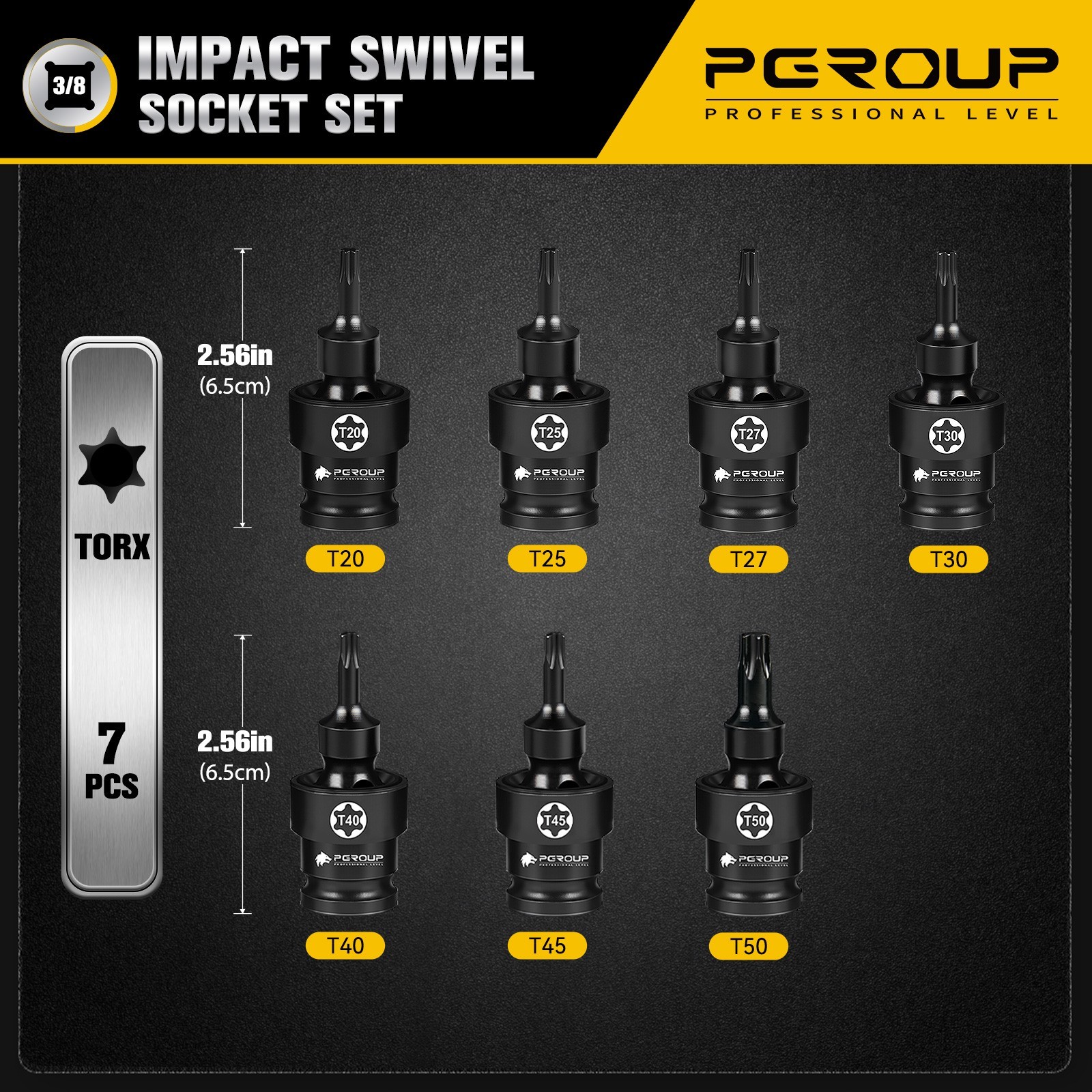 7PCS 3/8″ Drive Universal Swivel Impact Torx Socket Set, T20-T50, CR-MO Steel