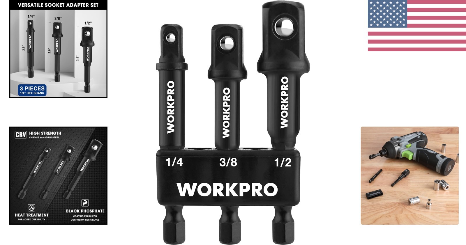 3-Piece Socket Adapter Extension Set, 1/4, 3/8, 1/2-Inch Drive, 1/4-Inch Hex …