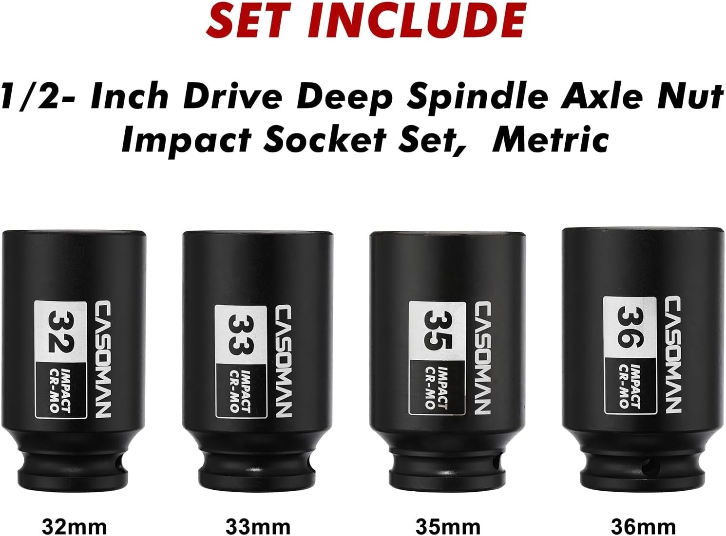 1/2» Drive Deep Spindle Axle Nut Impact Socket Set, 6 Point, CR-MO,32,33,35,…