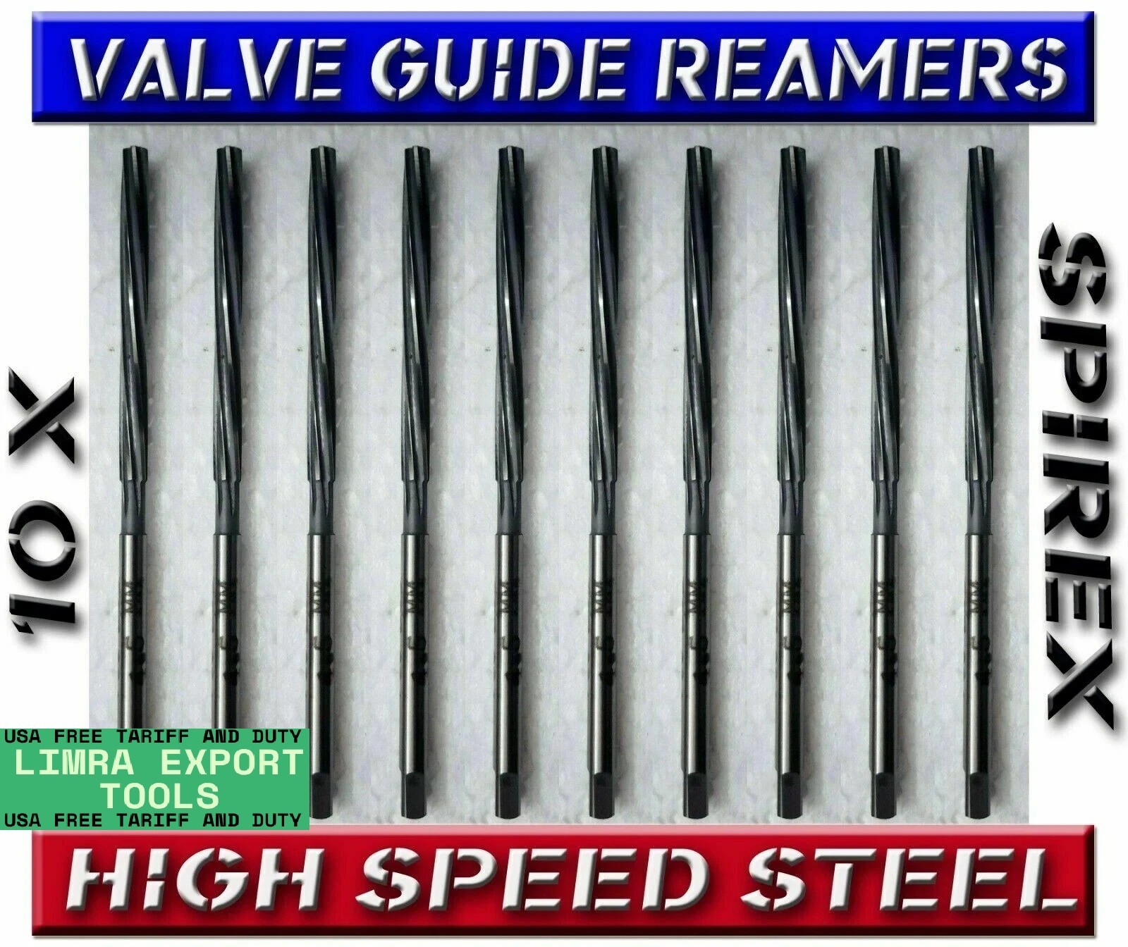 10 x VALVE GUIDE REAMER KIT 4.5,5,5.5,6,7,8,9,10,11/32″,3/8″ LONG FLUTE SPIREX