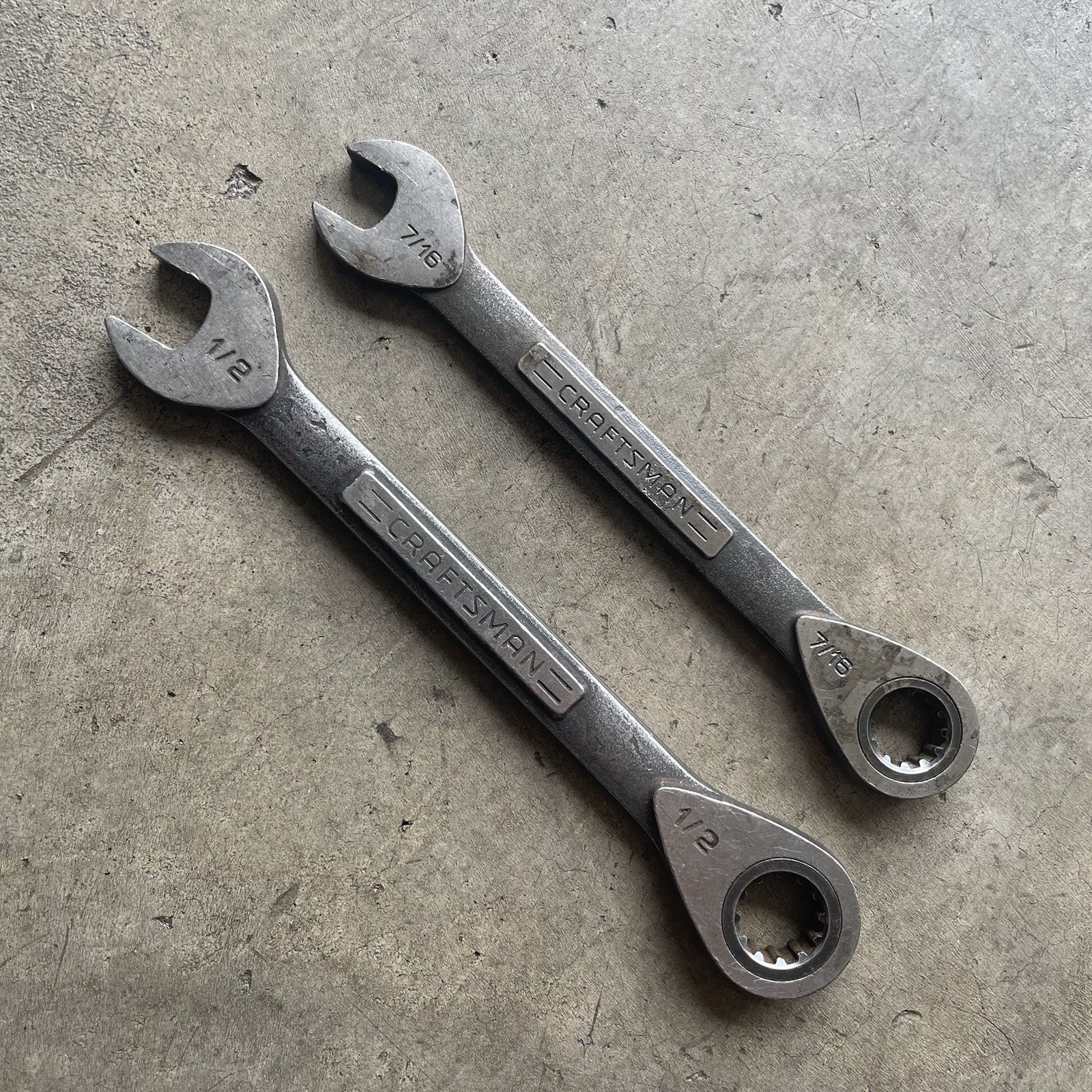 Lot of 2 Craftsman Ratcheting Combination Wrenchs 12 Pt 20602, 20609 1/2″, 7/16″