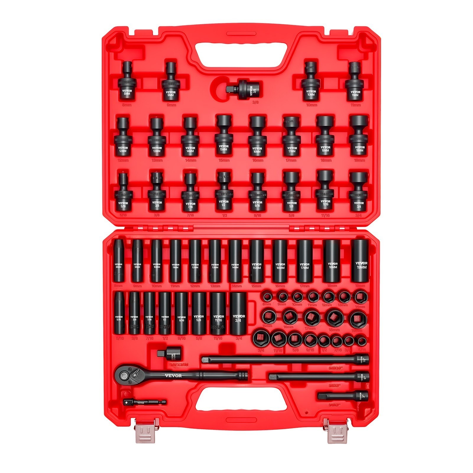 3/8″ Drive Impact Socket Set 67 Piece SAE & Metric 6 Point Deep Shallow Swivel S