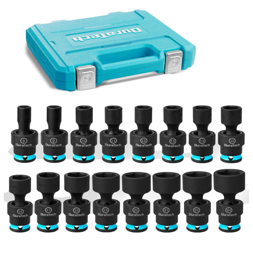 DURATECH 16PC 3/8″ Dr Swivel Socket Set Shallow Universal Impact Metric 8mm-24mm