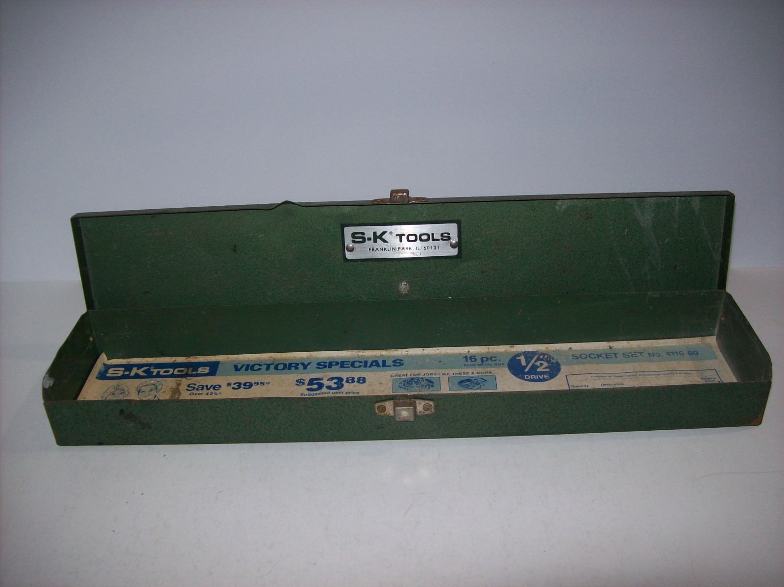 EMPTY Vintage S-K Tools 1/2″ Dr Green Metal Socket Set 4116-80 Case Box