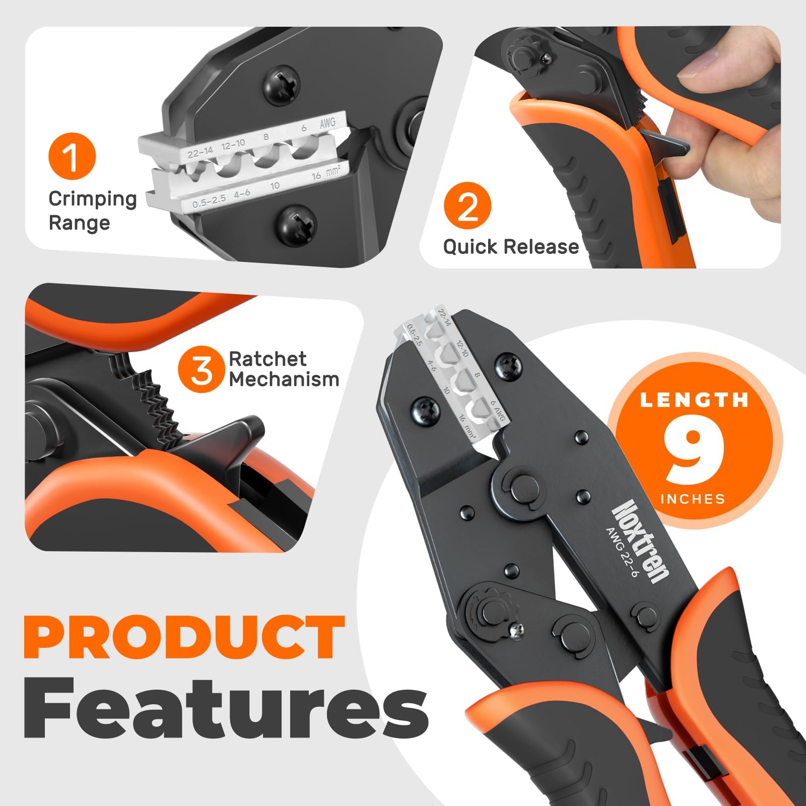 Noxtren Crimping Tool for Non-Insulated Terminal – AWG 9 Inch, Orange, Black