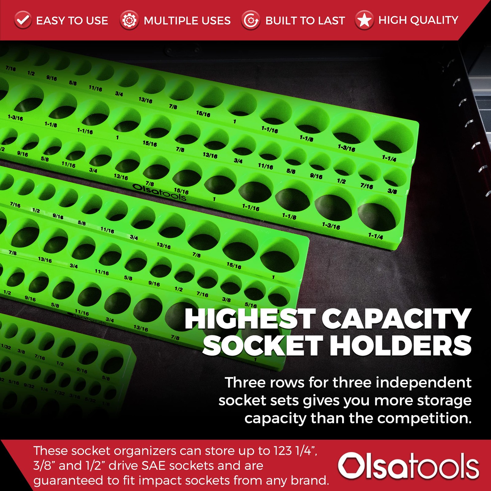 Magnetic Socket Organizer 1/4 3/8 1/2 Drive SAE Green 1561 Olsa Tools 1/2-Inch