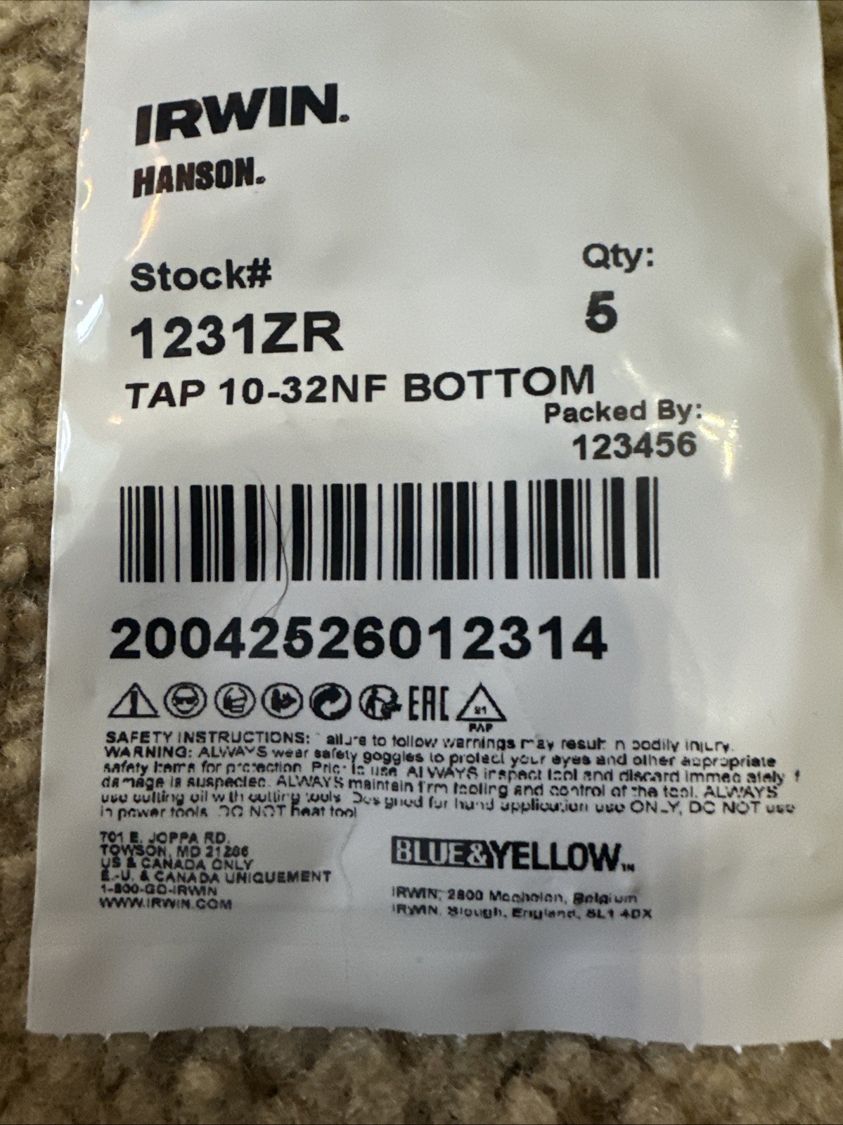 5PK Hanson Irwin 10-32 NF Bottom Tap 4 Flute USA 1231ZR Carbon Steel