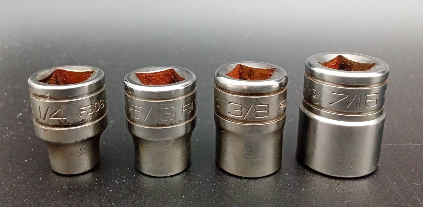Vtg. Snap-on Double Square 8-pt Sockets (lot of 4) 1/4″ – 7/16″ ~ F308-F314