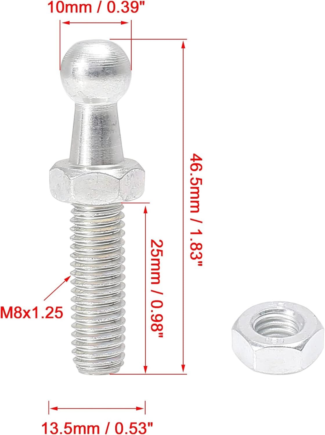 Silver Tone M8x25mm Gas Strut Ball Studs – Ideal for Bonnet Lifters – 2 Pack