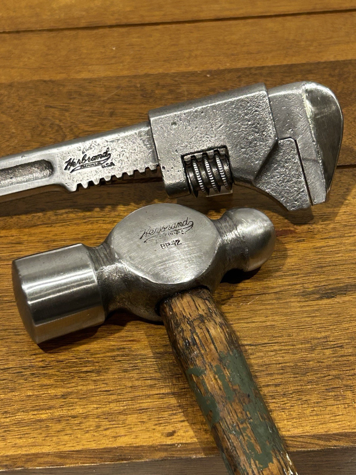 Vintage Herbrand 7” Adjustable Auto Pipe Monkey Wrench & Ball Peen Pein Hammer