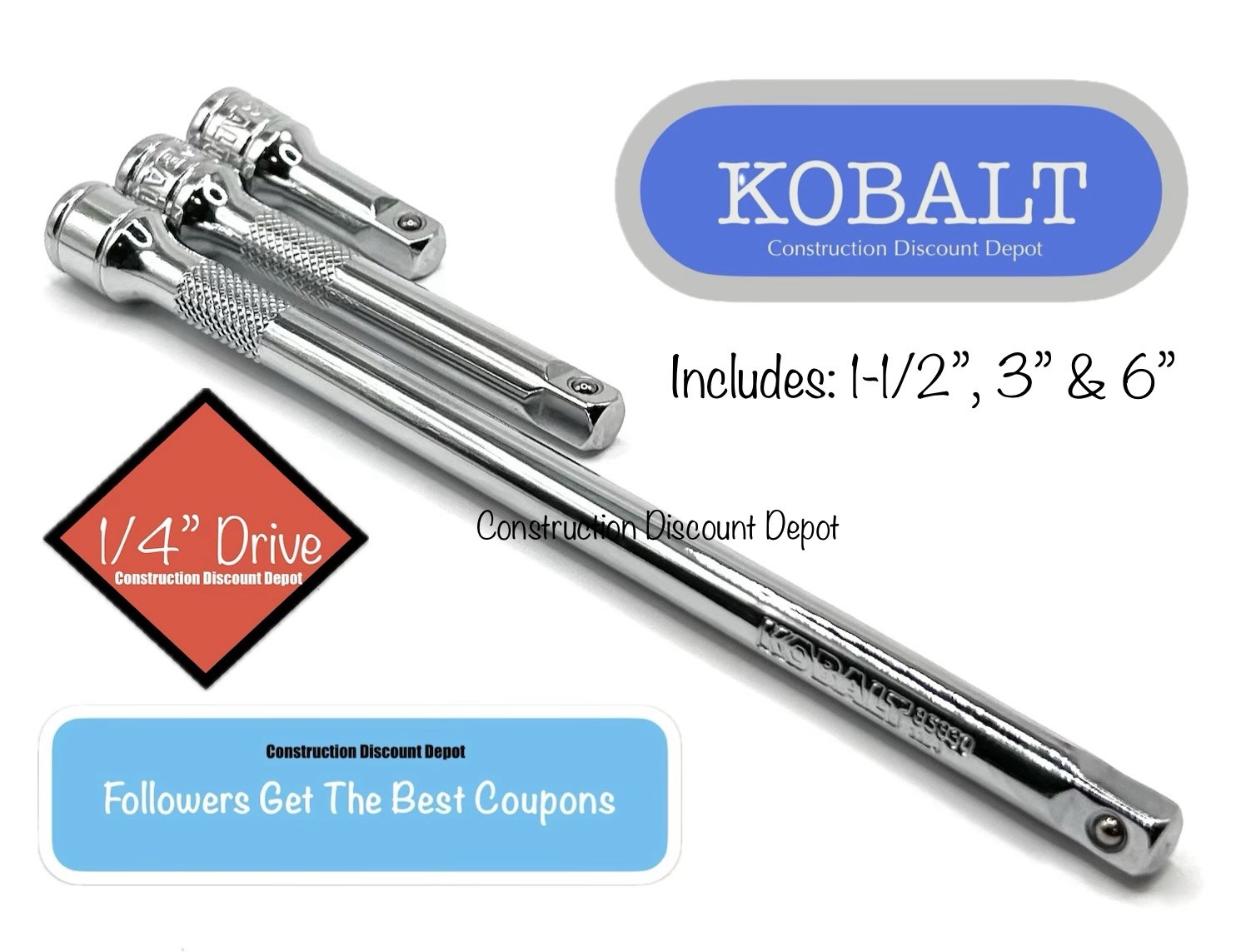 New Kobalt 1/4″ Chrome Extension Bar Set Includes 1-1/2″ 3″ and 6″