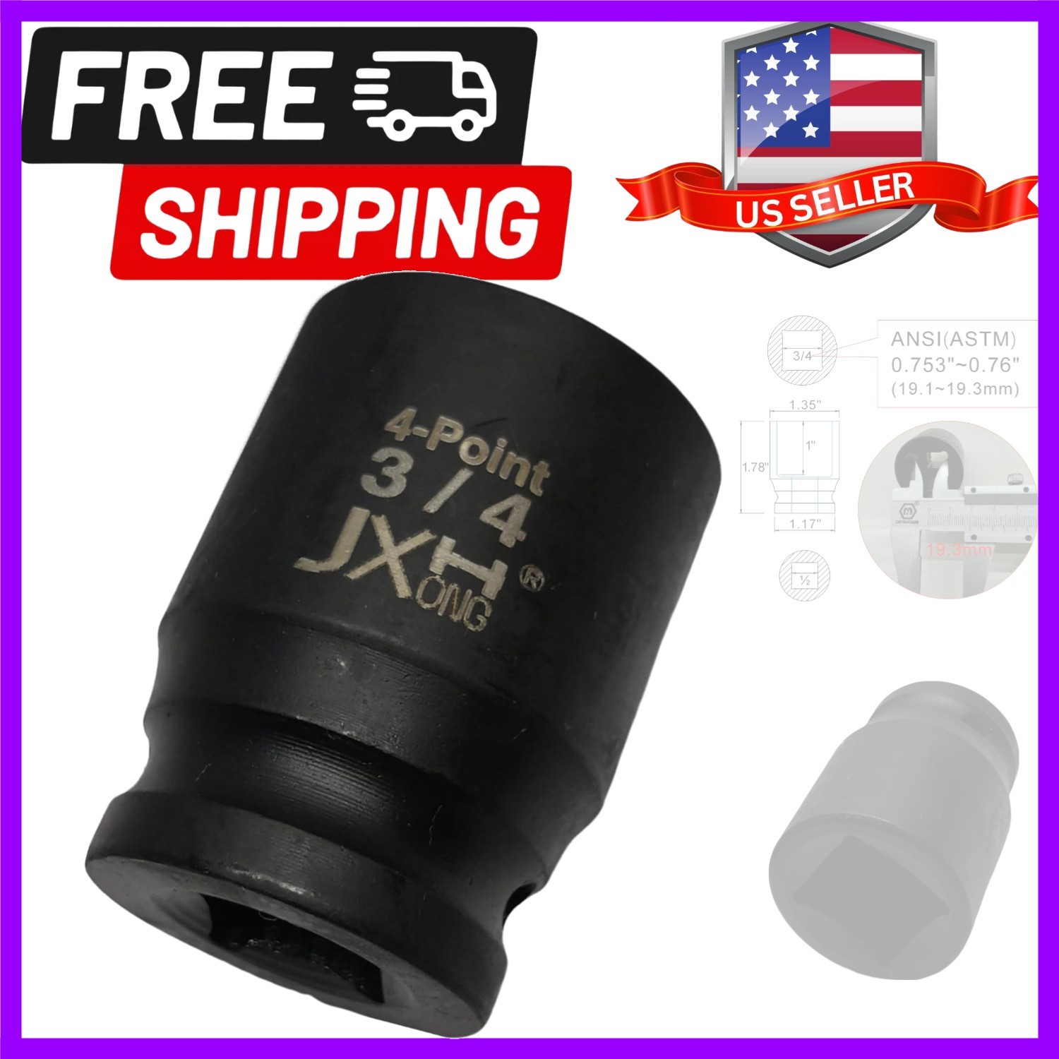 1/2″ Drive 3/4″ 4-Point Square Socket, Heat Treated Cr-V Alloy Steel