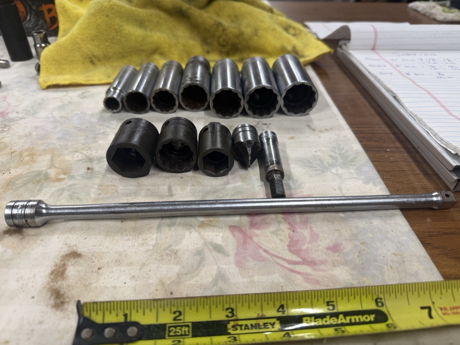 Snap On Sockets And 3/8” 11” Extension. 7—1/2” Drive Deep, 3—1/2” Drive Impact