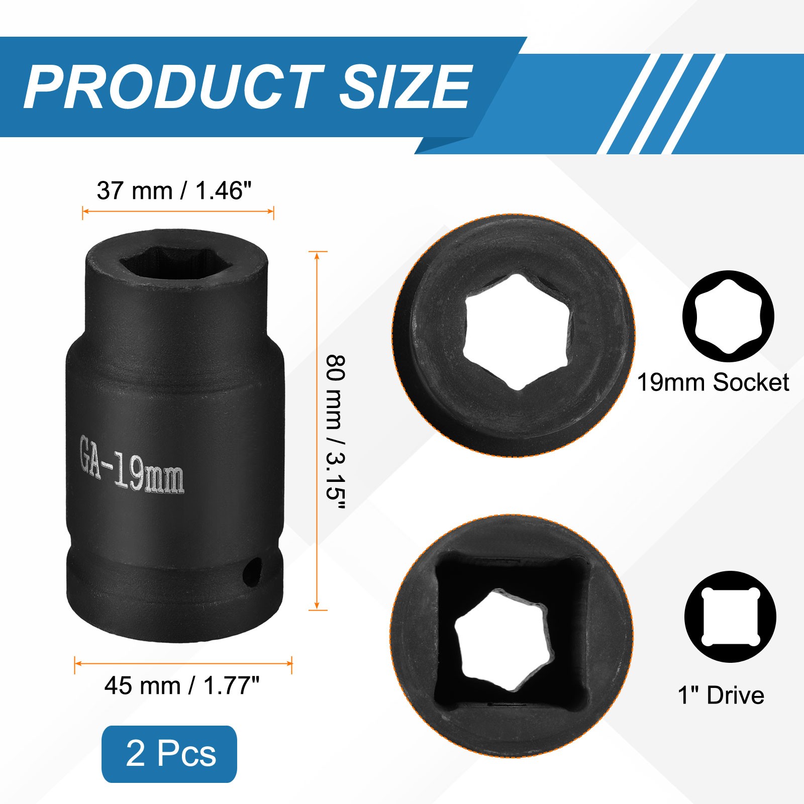 2pcs 1 Inch Drive 19mm 6 Point Impact Socket Chromium Vanadium Steel