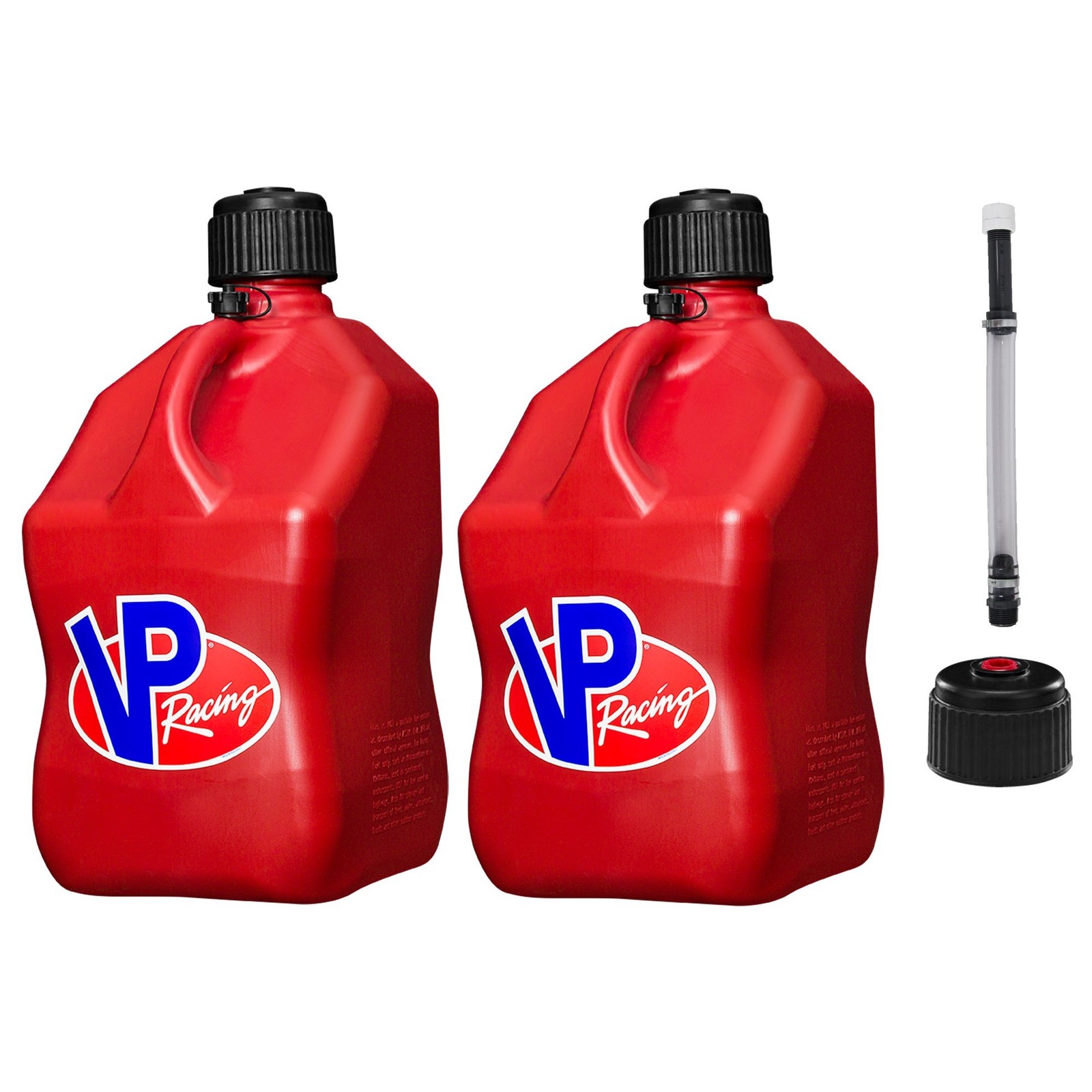 VP Racing Square Fuel Jug 5 Gallon Red x 2 – With Spare Cap and Filler Hose