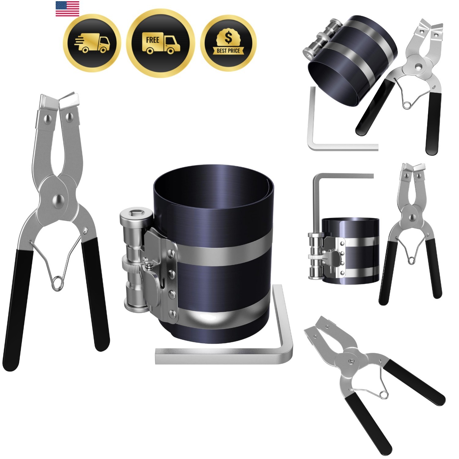 Piston Ring Compressor Tool Kit 2-1/8 to 7 Inch 53mm-175mm with Plier | Pisto…