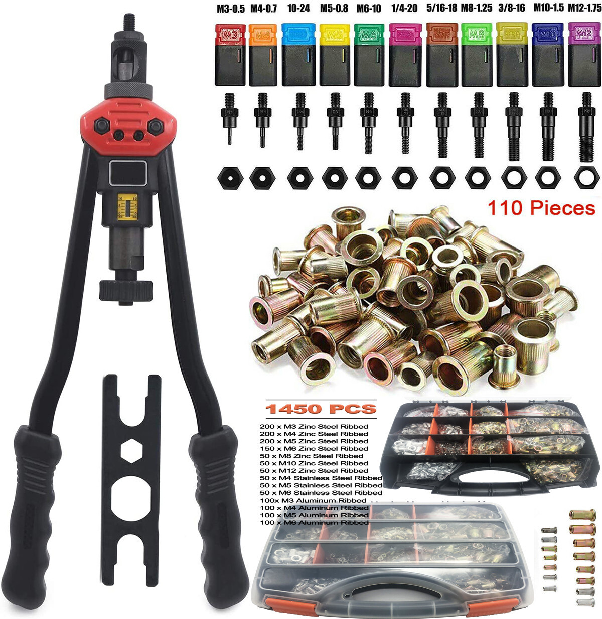 1510pc Rivnut Stainless Steel Rivet Nut Nutsert Tool Kit SAE & Metric Mandrels