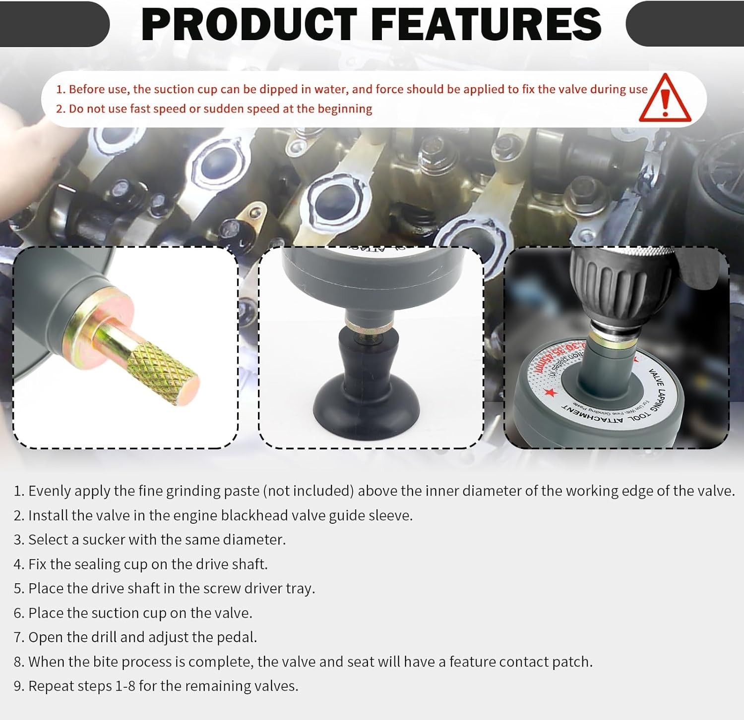 Valve Lapping Tool Kit 5 Suction Cup Adapters Valve Grinding Tool 1000-1250RPM
