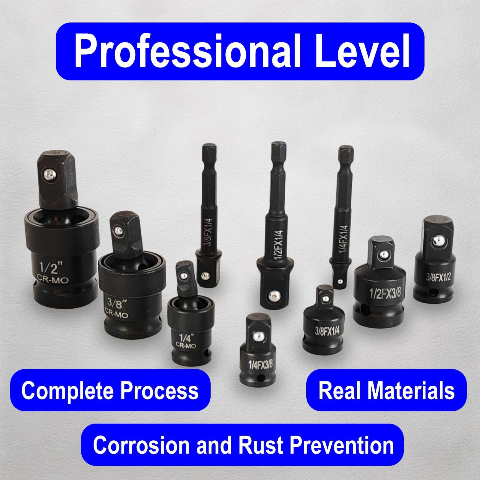 10-Piece Impact Swivel Socket Set, Cr-Mo Steel, 1/4″ 3/8″ 1/2″ Adapters & Reduce