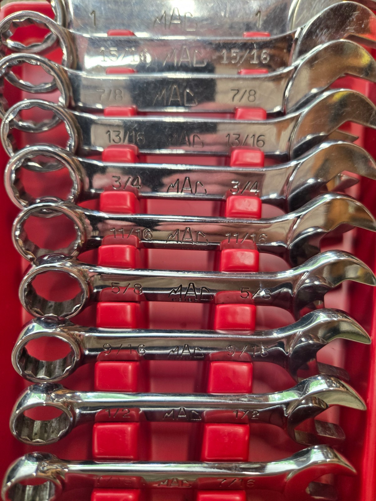 Vintage Mac Tools 10 pc. SAE shorty/stubby wrench set in plastic tray