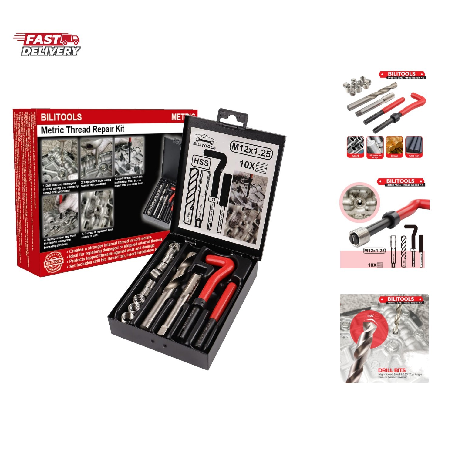 M12x1.25 Thread Repair Kit, HSS Drill Helicoil Repair Kit Metric