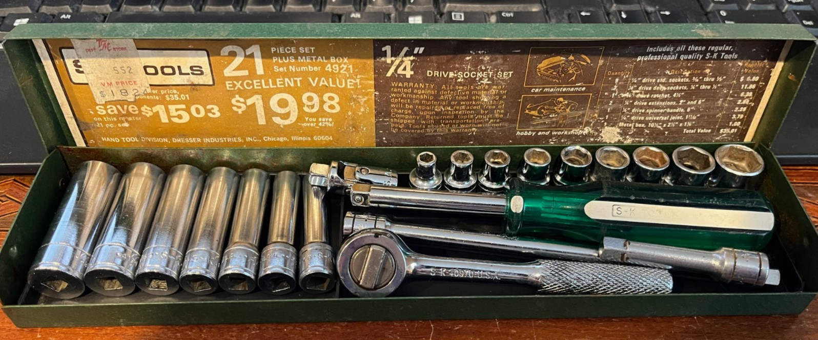 Vintage S-K Tools 1/4″ Drive Socket Set No. 4921 Deep/Shallow 21 PC USA NICE!