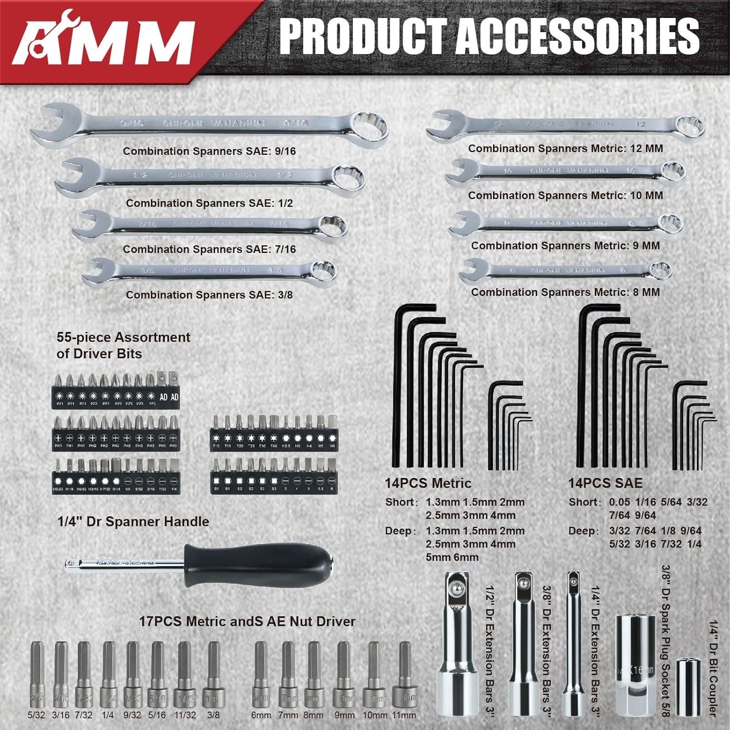 Mechanics Tool Set, 1/4 In, 3/8 in and 1/2 in Drive Socket Set, 202 Piece