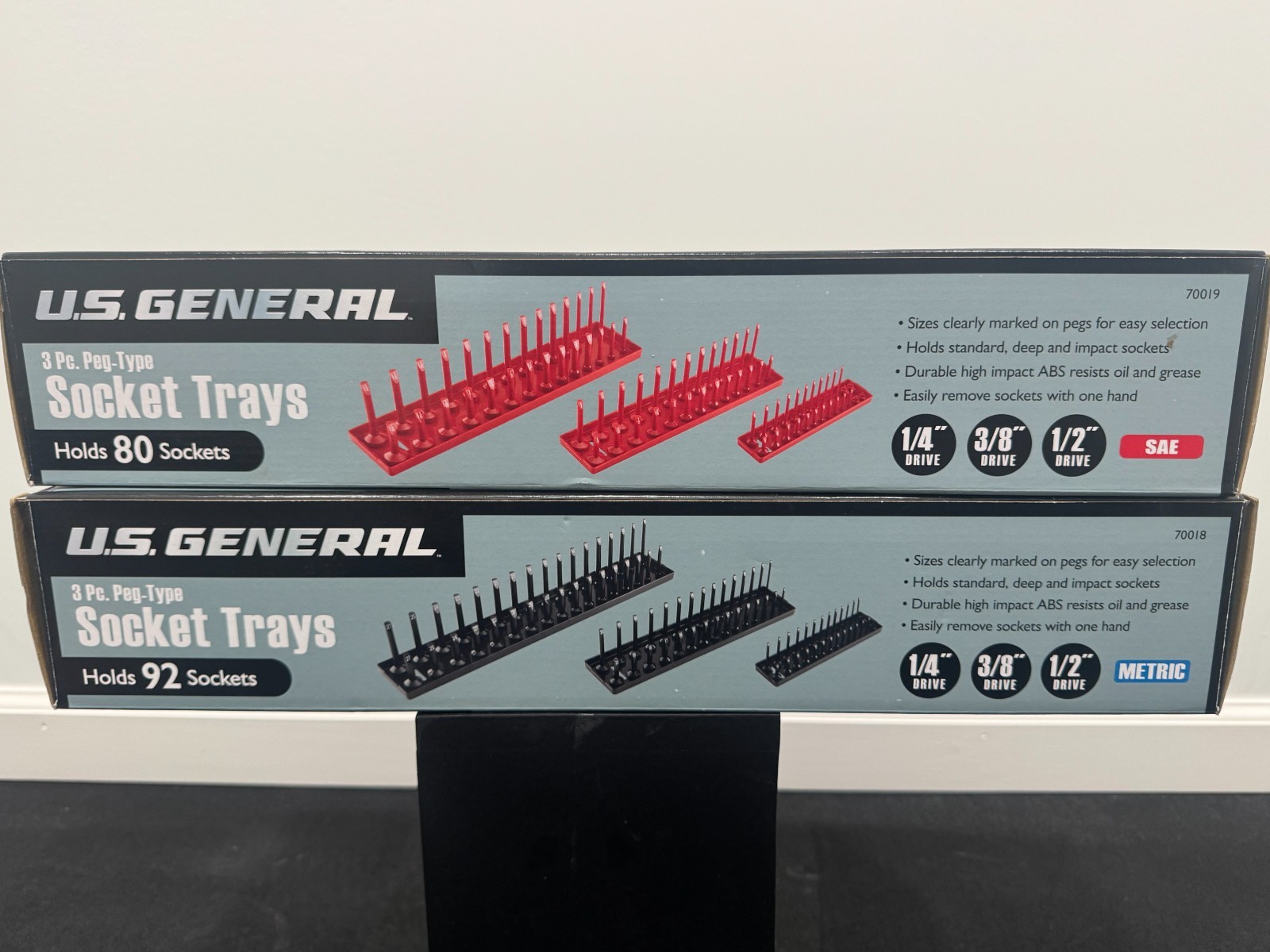 US General socket trays (mm & sae) Red (SAE) – Black (MM)