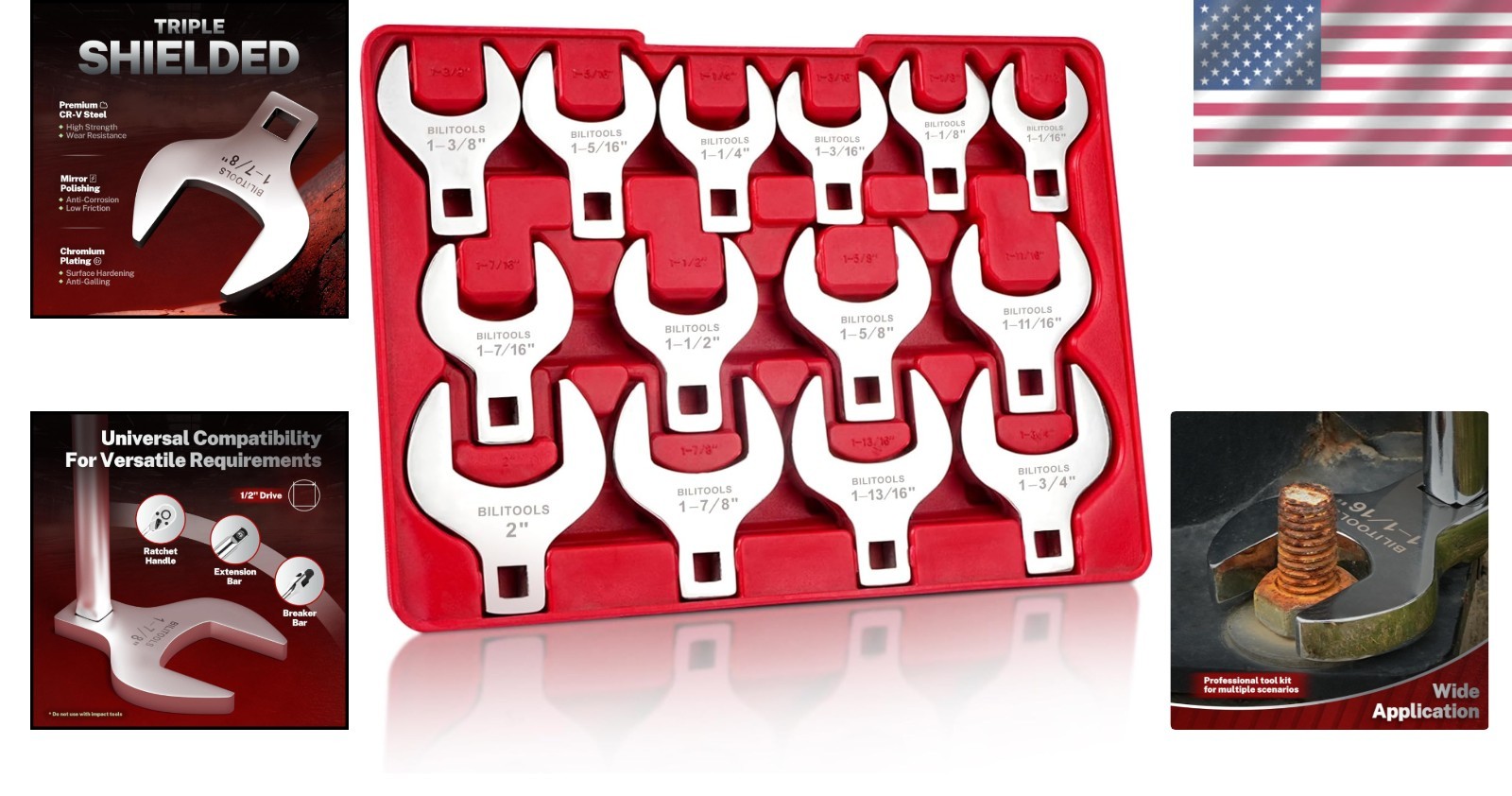 Heavy-Duty 1/2″ Drive Crowfoot Wrench Set, SAE, 1-1/16″ – 2″/-
