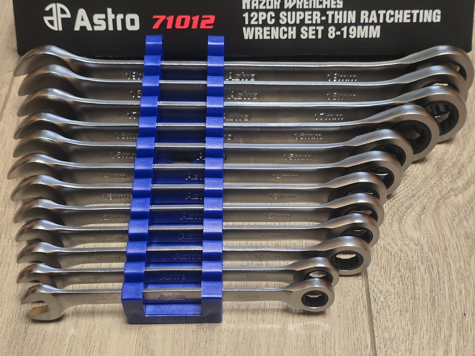 Astro Tools 12pc Razor Super-Thin Ratcheting Wrench Set 8-19mm w/ Rack #71012