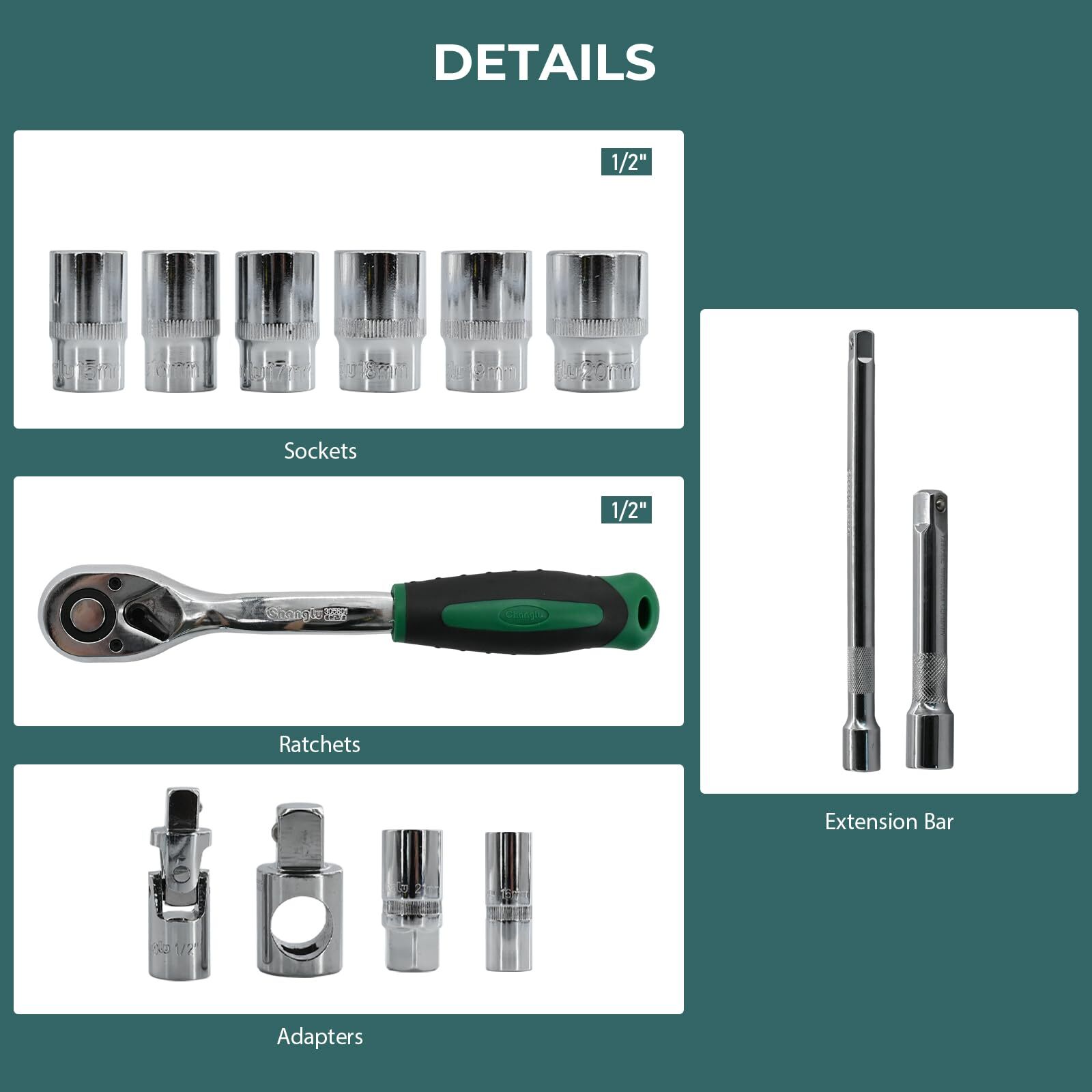 1/2″ Drive Socket Set Metric 8-32mmm Sockets 1/2-Inch Ratchet Extension Bars