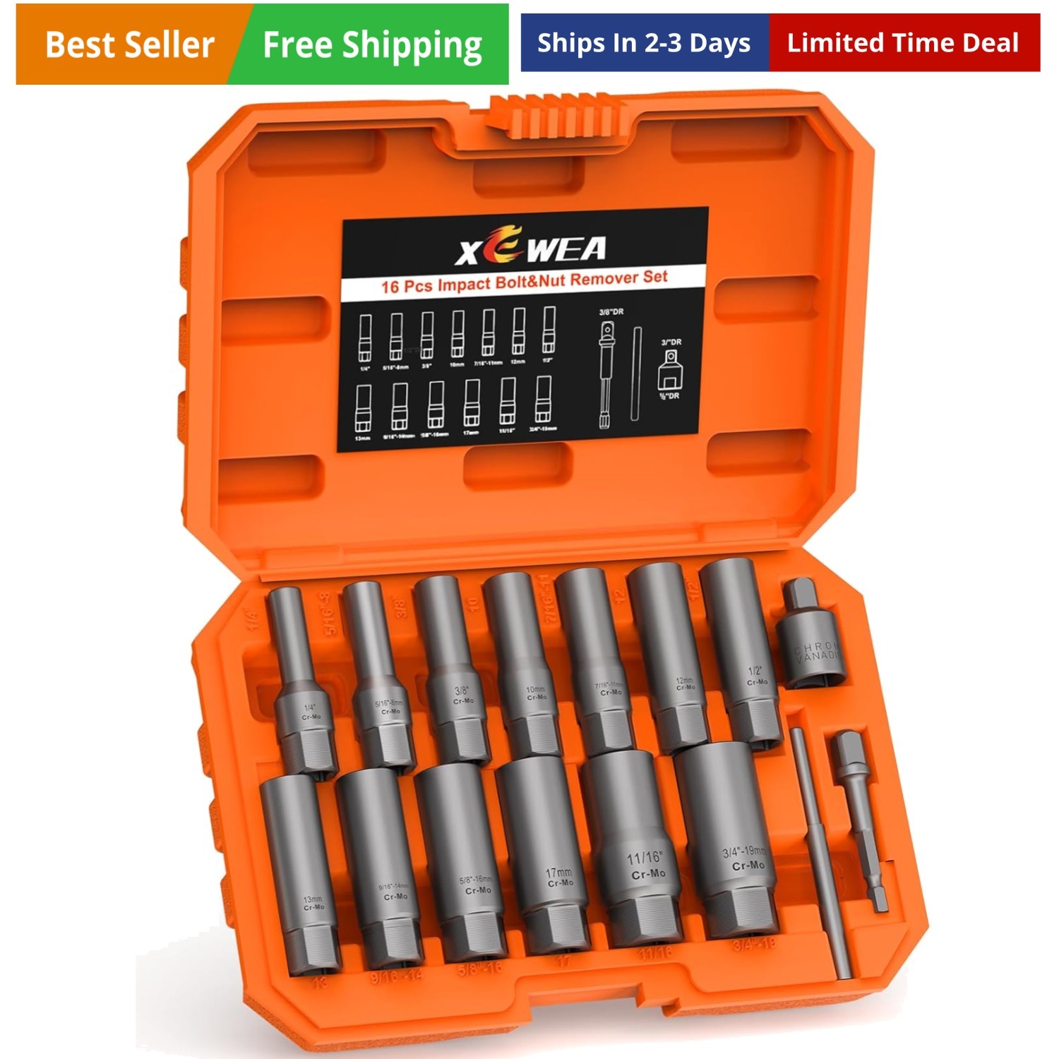 16PCS 3/8″ Drive Deep Bolt Extractor Set, Impact Bolt Nut Remover Set, Stripp…