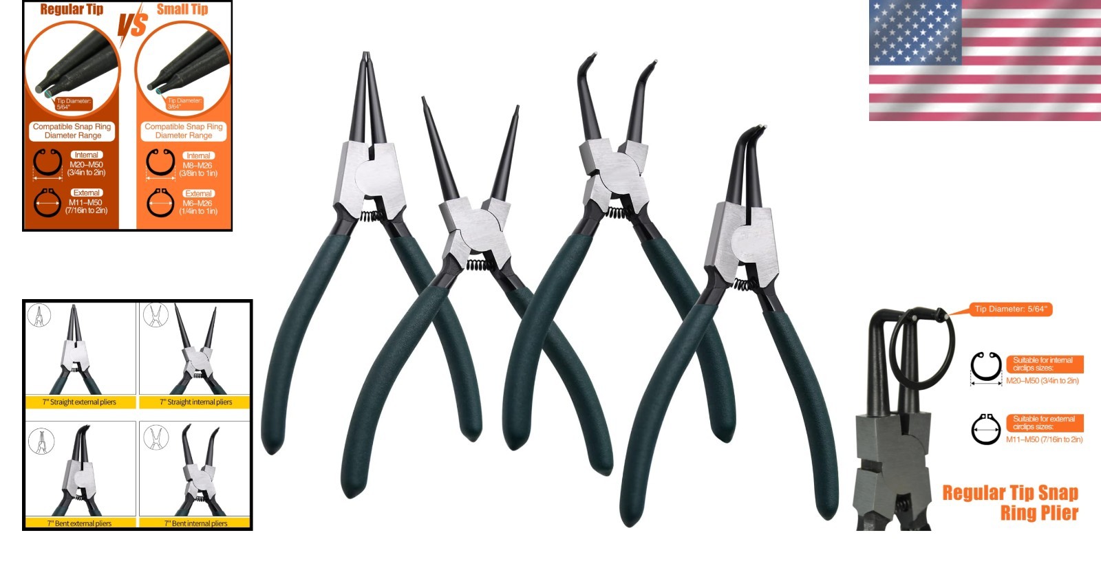 Heavy Duty 7″ Circlip Pliers Set, Straight/Bent Jaw