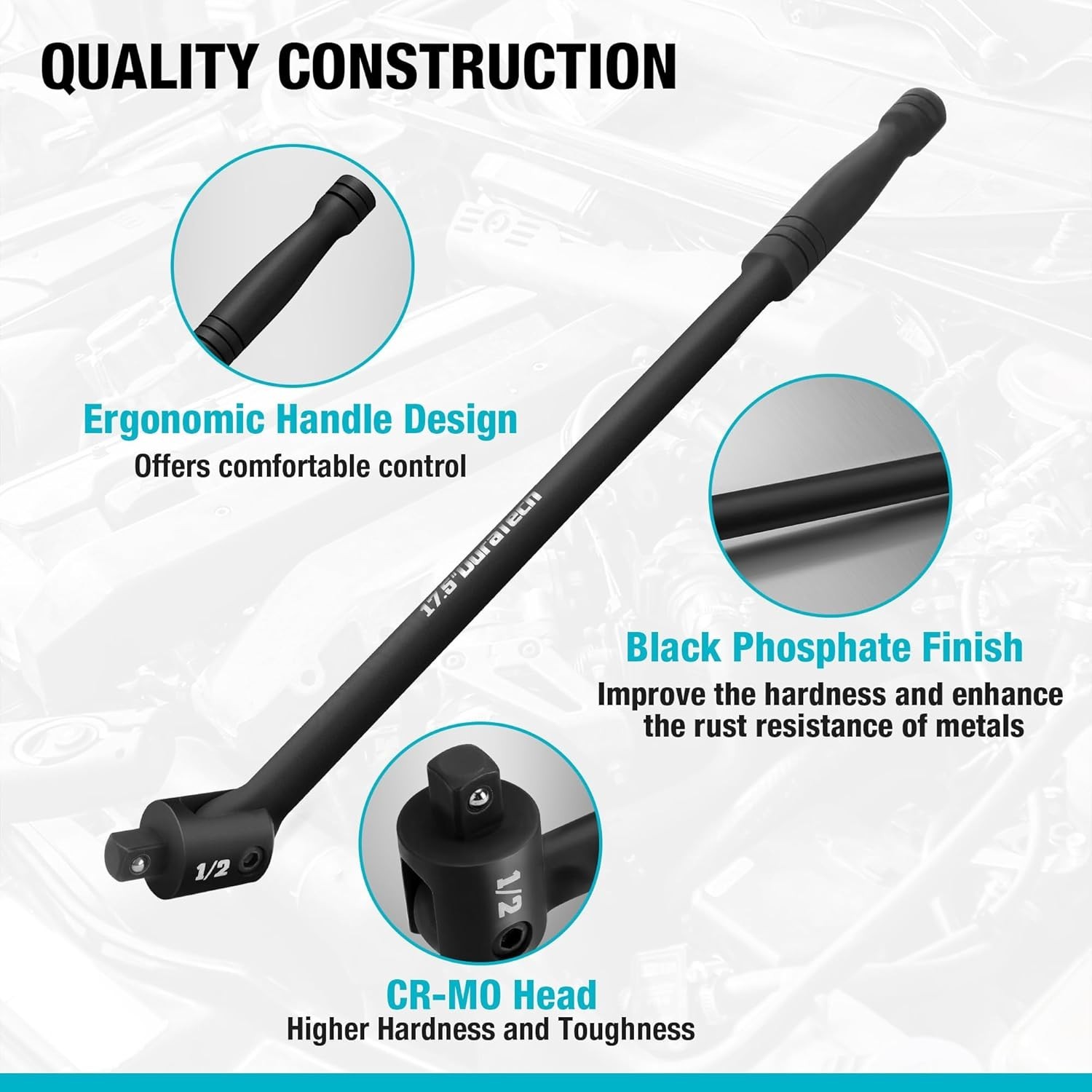 Flexible 17.5-Inch Breaker Bar with 240° Flex Head