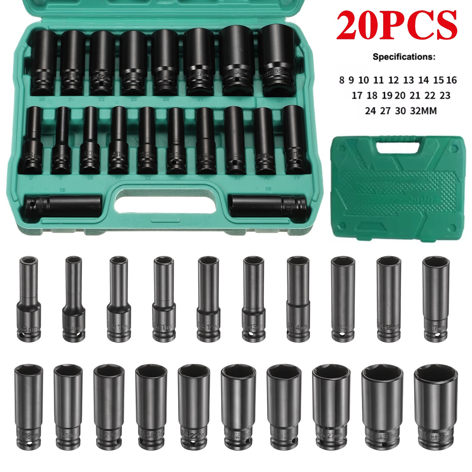 20pcs Metric Deep Impact Socket 1/2″ Drive 8mm-32mm 6 Point Sockets w/Case Set