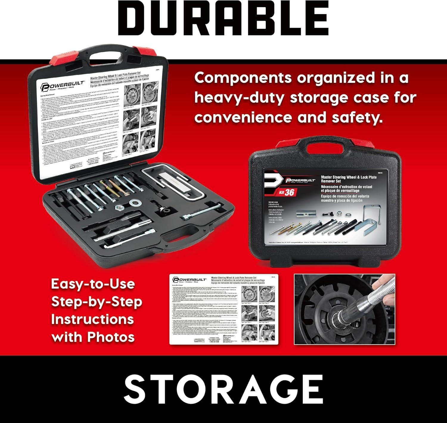 Professional Grade Steering Wheel Puller Kit with Usage Photos and Instructions