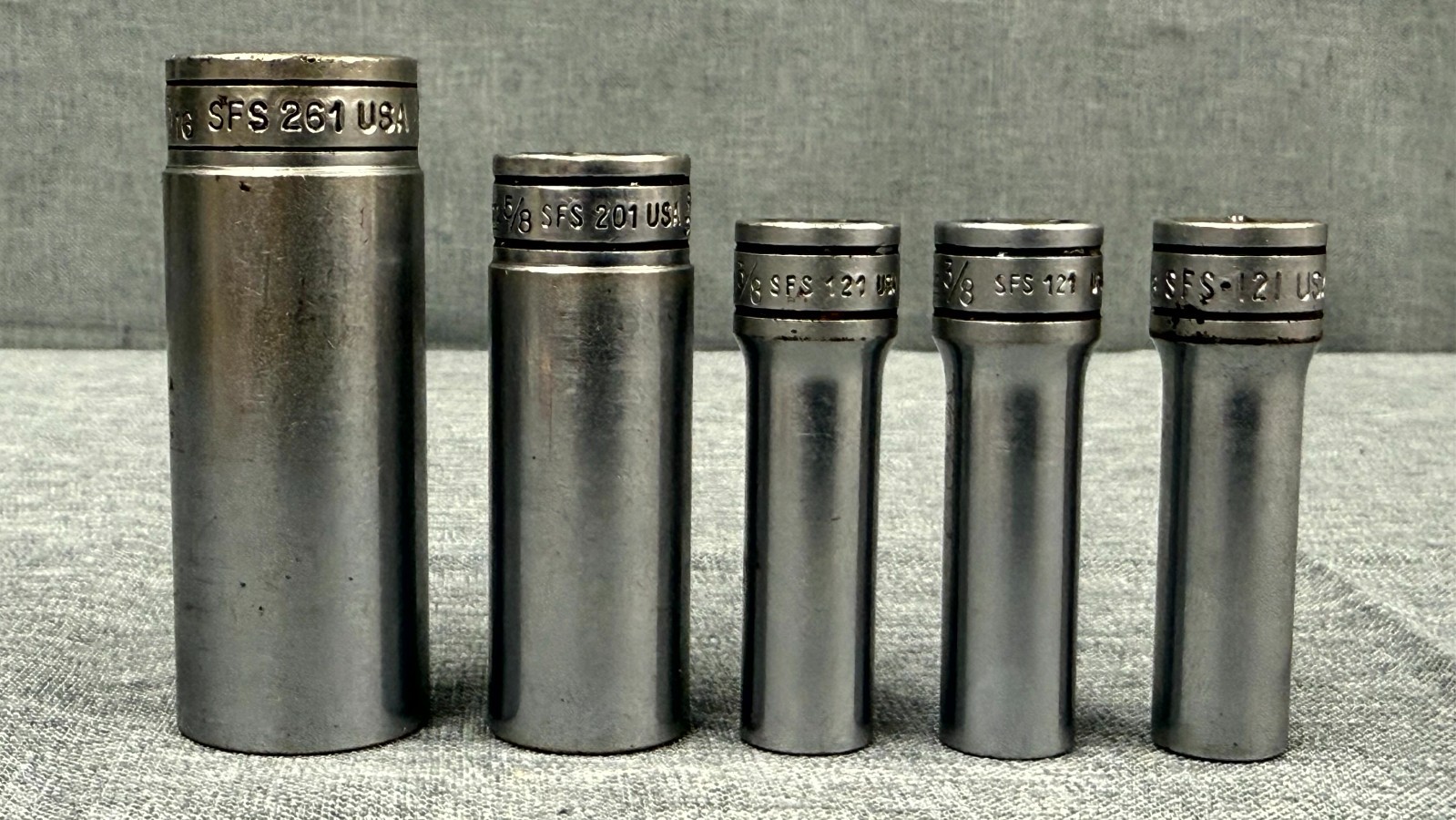 Snap On SFS261, SFS201, (3)SFS121 3/8″ Drive 6 Point SAE Deep Socket Set of 5