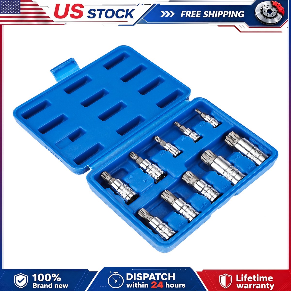 10 PC For XZN Triple Square Spline Bit Socket Set 12 Points with Carrying Case