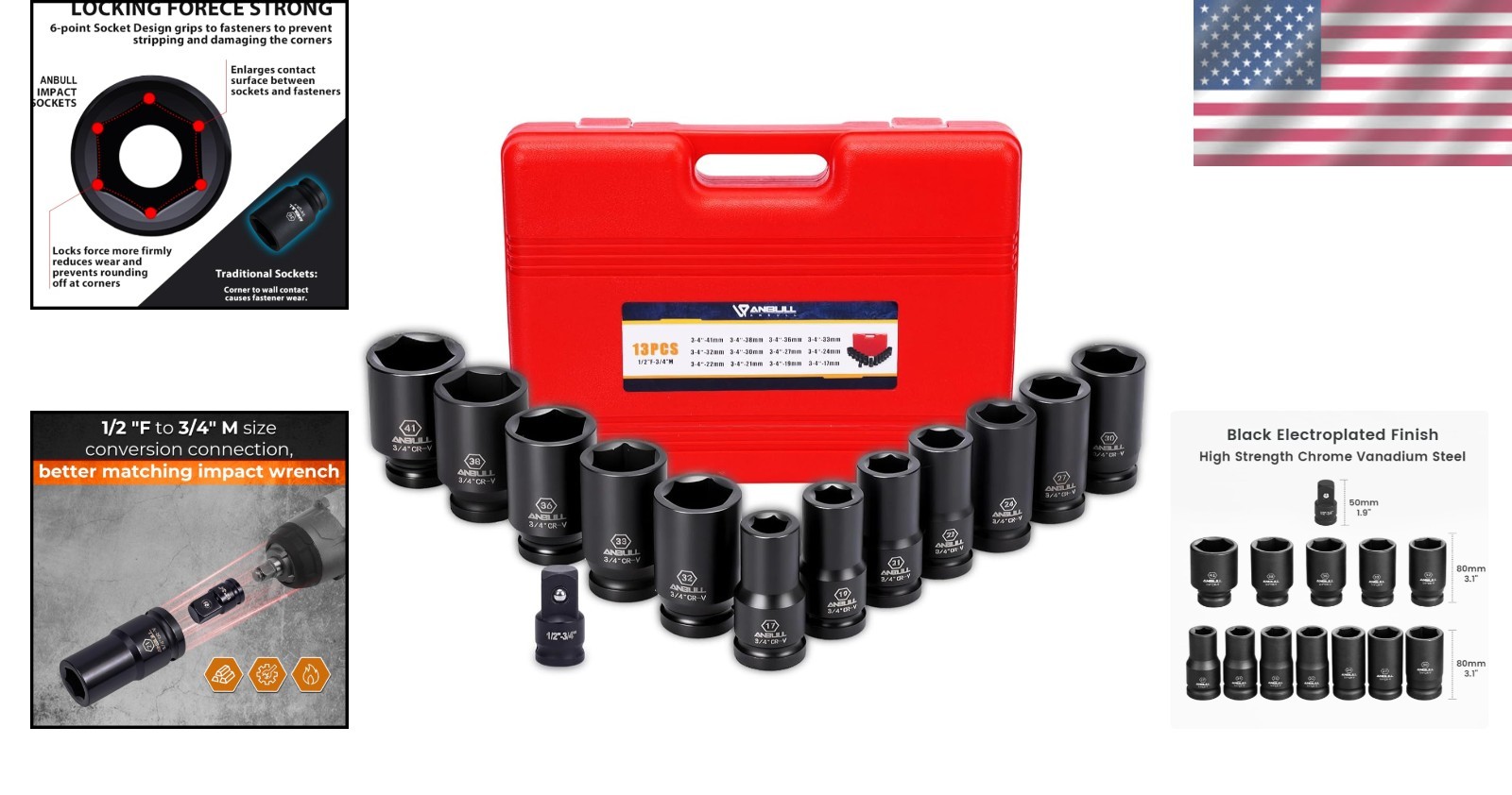 Anbull 13pc Metric Deep Impact Socket Set