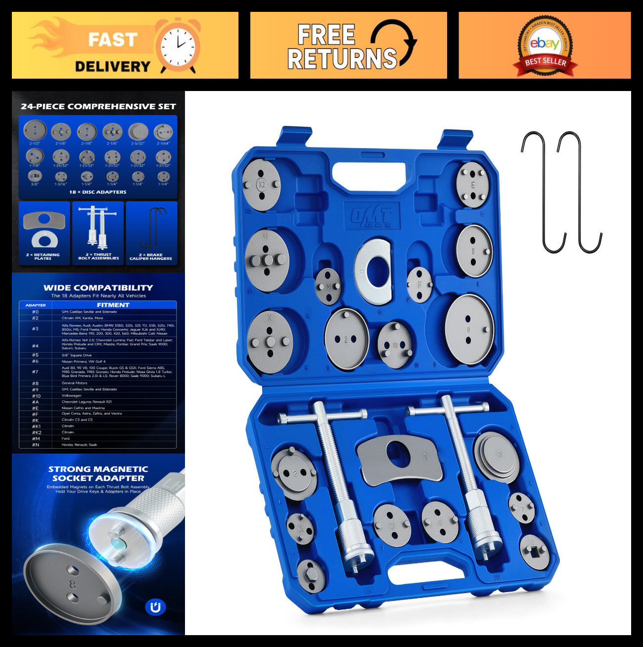 24pc Heavy Duty Brake Caliper Compression Tool Set – Piston Compressor & Wind Ba